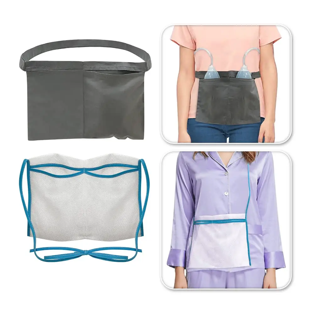 Black mastectomy drainage pouch holder designed with two pockets for comfortably and securely holding surgical drains after breast surgery, allowing for easier showering and recovery.