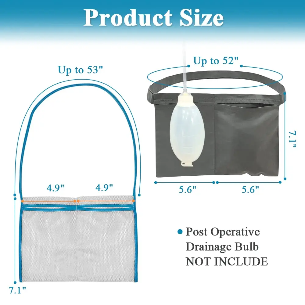 Black mastectomy drainage pouch holder designed with two pockets for comfortably and securely holding surgical drains after breast surgery, allowing for easier showering and recovery.