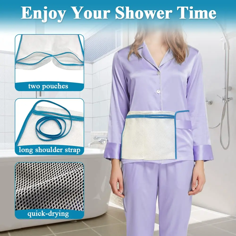 Black mastectomy drainage pouch holder designed with two pockets for comfortably and securely holding surgical drains after breast surgery, allowing for easier showering and recovery.