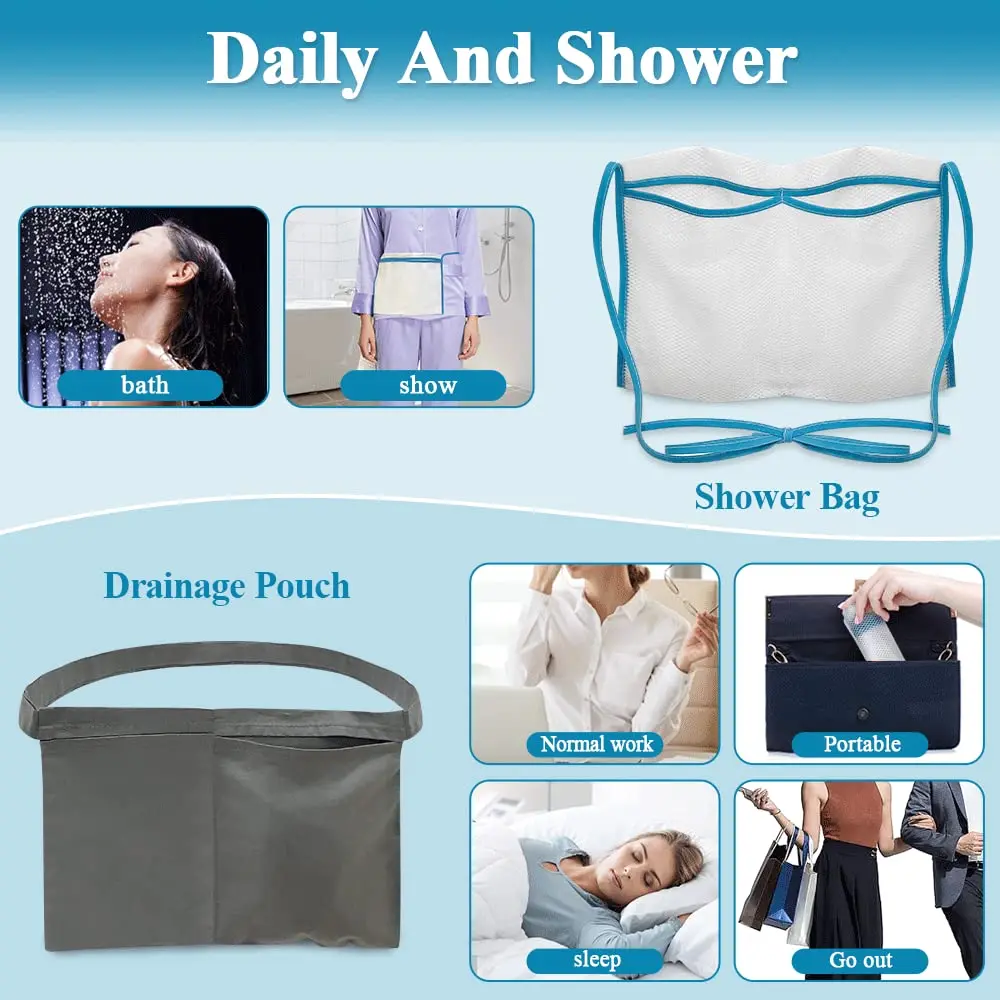 Black mastectomy drainage pouch holder designed with two pockets for comfortably and securely holding surgical drains after breast surgery, allowing for easier showering and recovery.