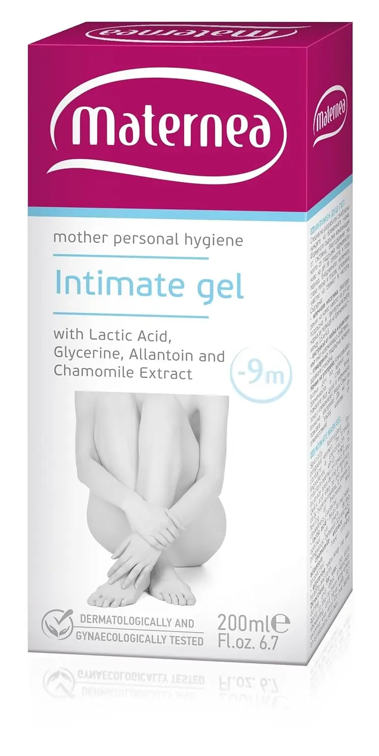 A bottle of Maternea Intimate Gel, a gentle feminine wash made with plastic, for maintaining hygiene.