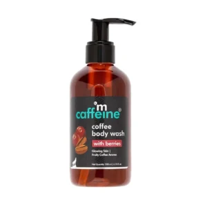 mCaffeine coffee body wash with berries cleanses, detans, and helps your skin glow.