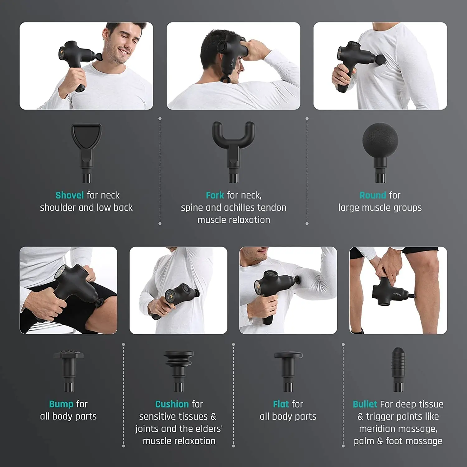 The Mebak 3 massage gun offers deep tissue percussion massage for athletes and anyone seeking muscle pain relief in their back, shoulders, legs, and body.