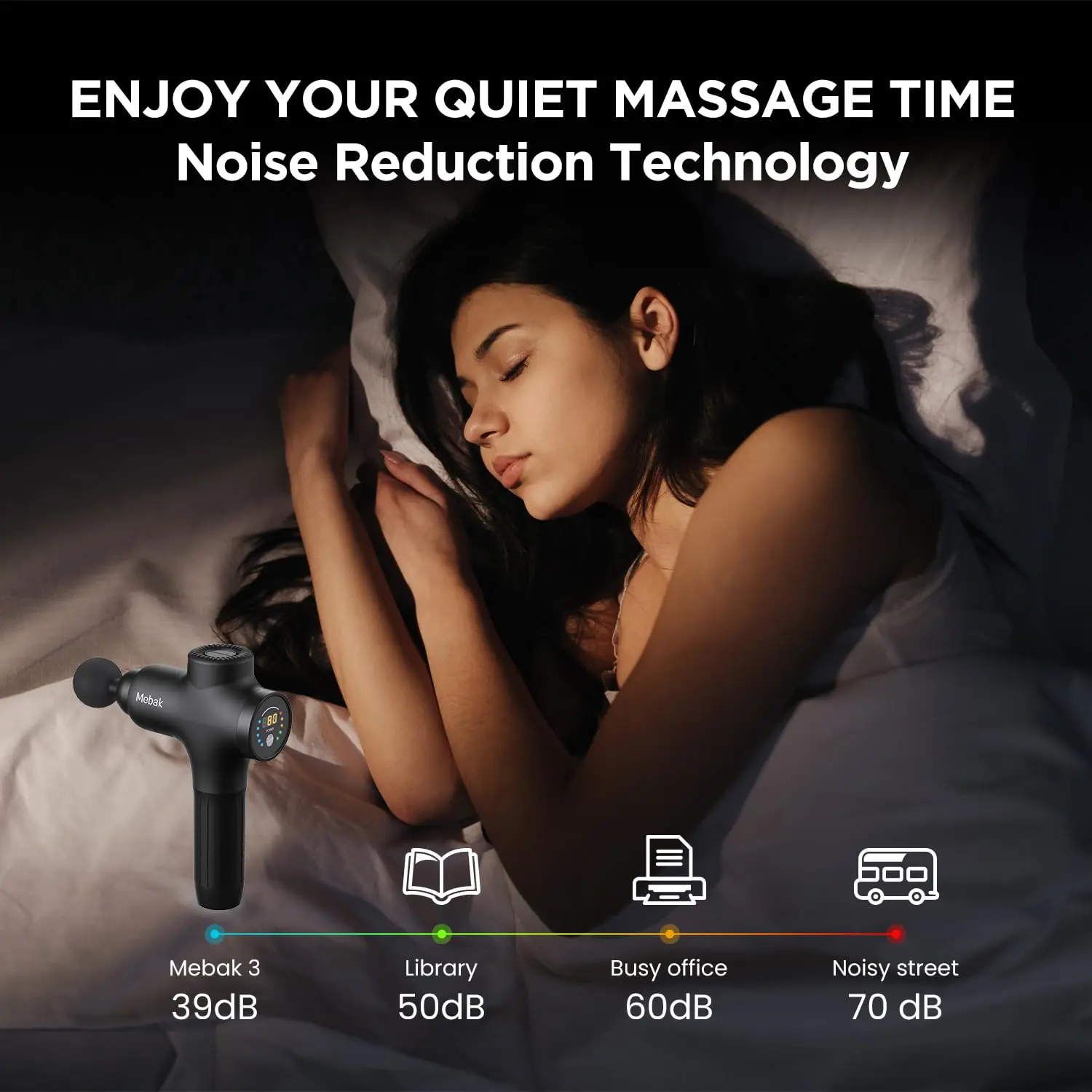 The Mebak 3 massage gun offers deep tissue percussion massage for athletes and anyone seeking muscle pain relief in their back, shoulders, legs, and body.