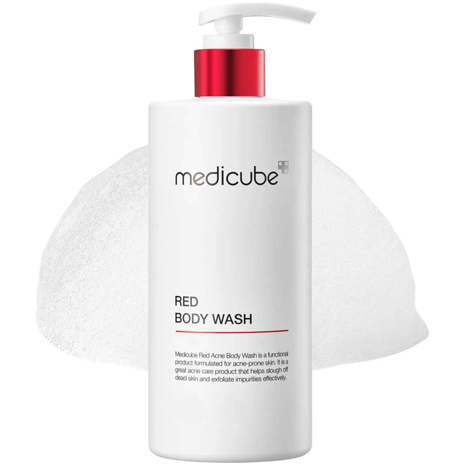 medicube Red Acne Body Wash with salicylic acid and niacinamide gently exfoliates and hydrates acne-prone skin, clinically tested for sensitive skin with a natural scent.
