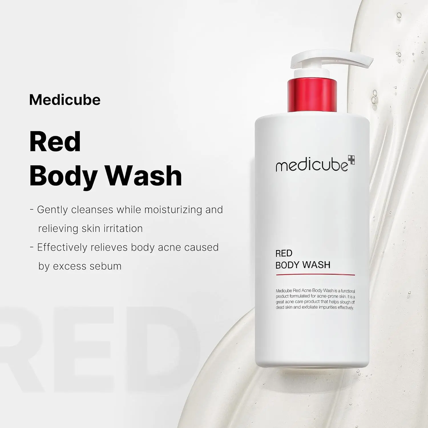 medicube Red Acne Body Wash with salicylic acid and niacinamide gently exfoliates and hydrates acne-prone skin, clinically tested for sensitive skin with a natural scent.