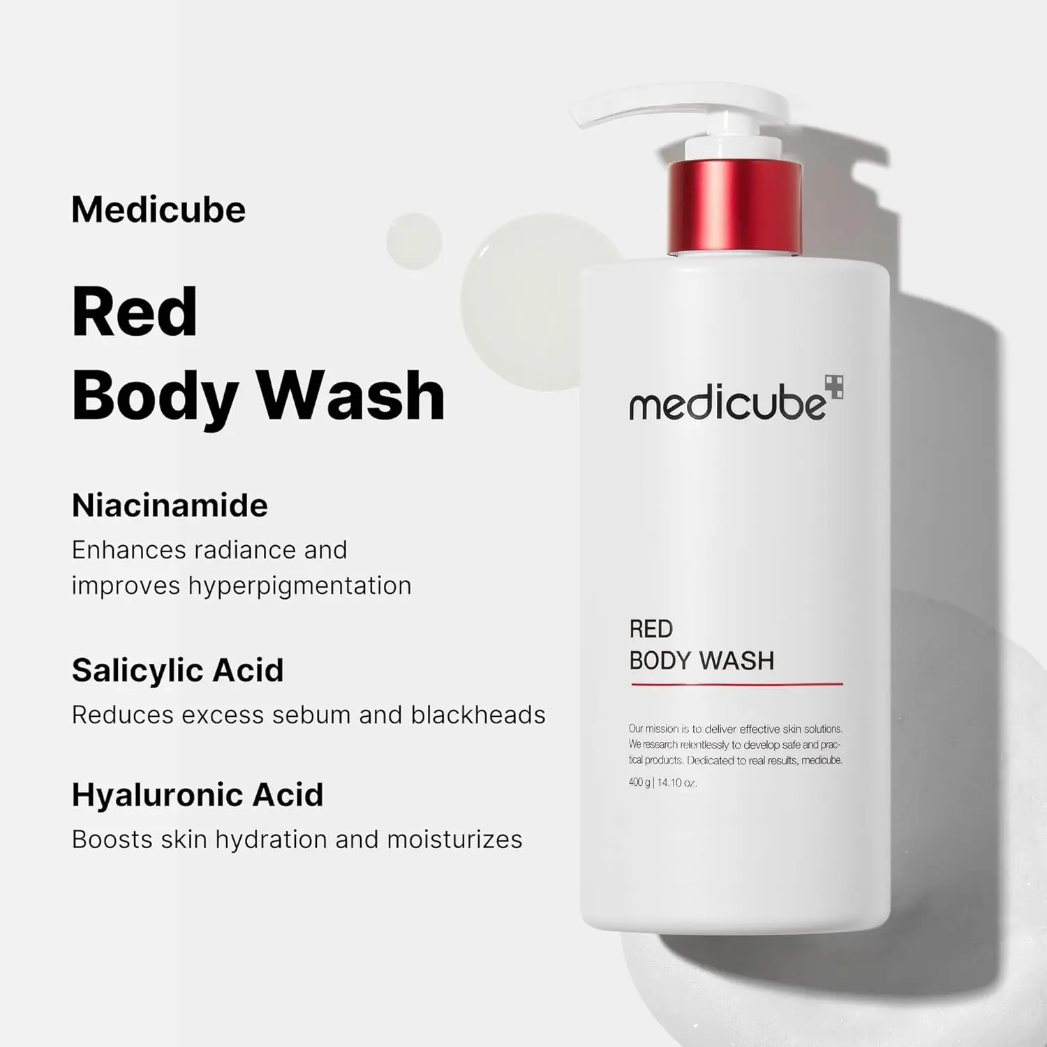 medicube Red Acne Body Wash with salicylic acid and niacinamide gently exfoliates and hydrates acne-prone skin, clinically tested for sensitive skin with a natural scent.