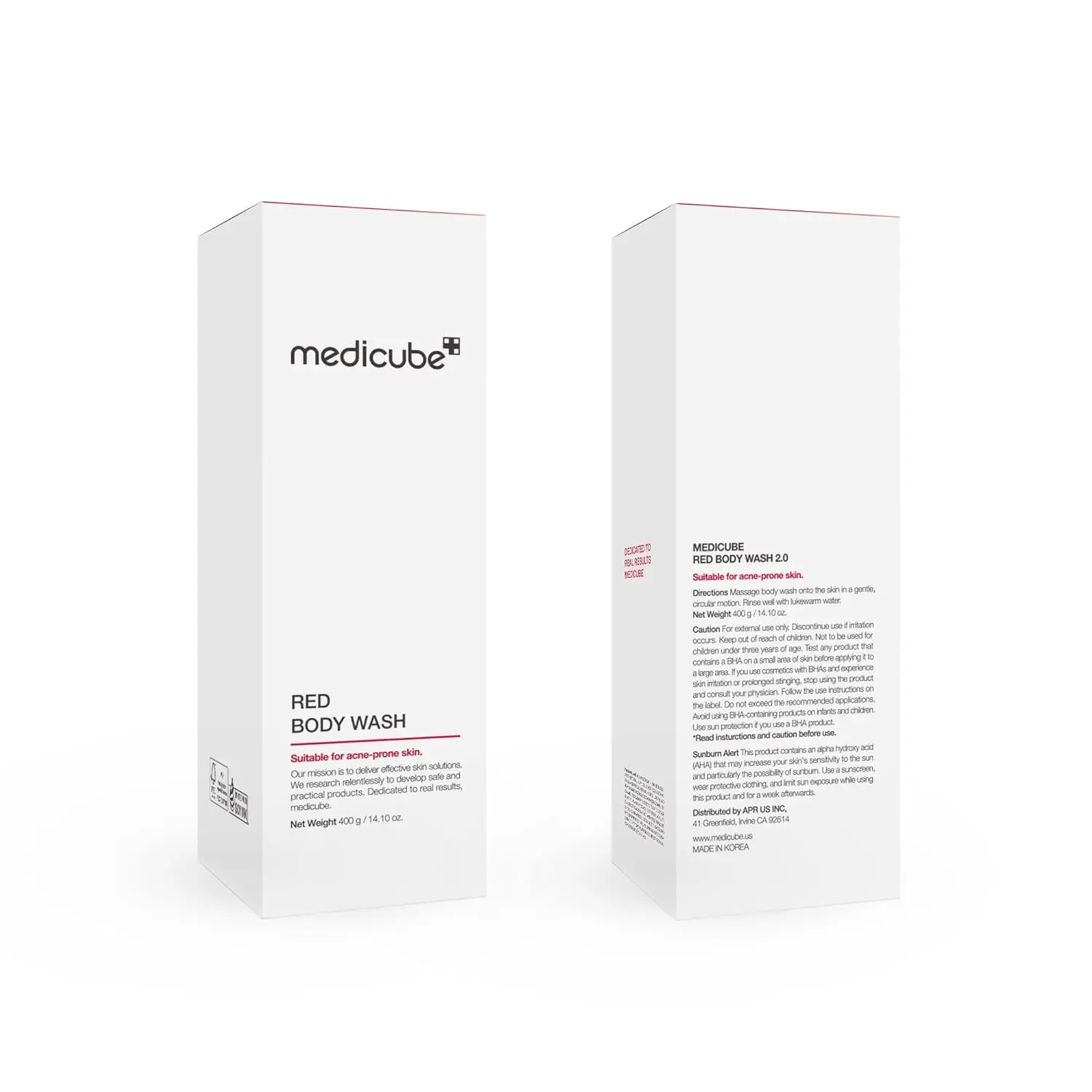 medicube Red Acne Body Wash with salicylic acid and niacinamide gently exfoliates and hydrates acne-prone skin, clinically tested for sensitive skin with a natural scent.