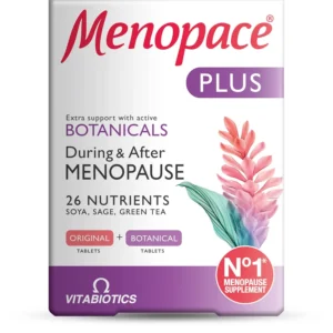 Menopace Plus dual pack supplement designed for women during and after menopause, containing micronutrient and botanical tablets for hormone regulation, bone and heart health.