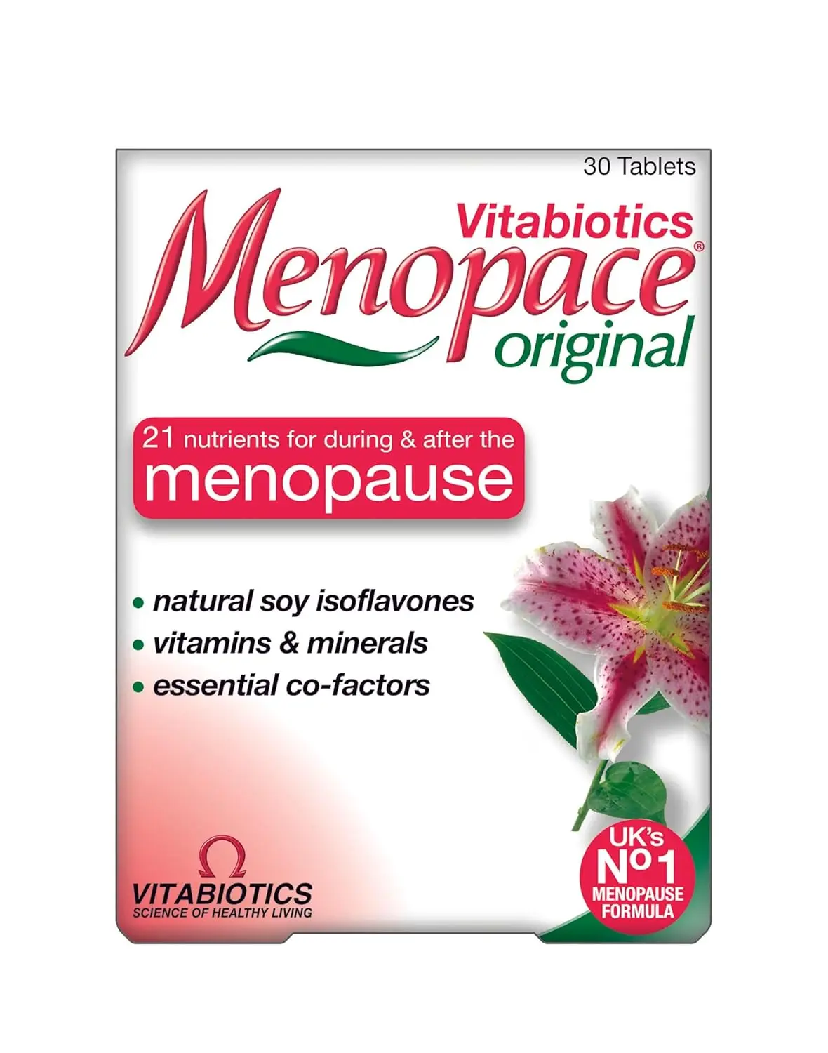 Menopace Vitabiotics supplement with soy isoflavones provides vitamin B12, thiamin, vitamin C, magnesium, zinc, and vitamin D for hormone regulation, nervous system function, collagen formation, and bone maintenance, available in a 30 tablet pack.