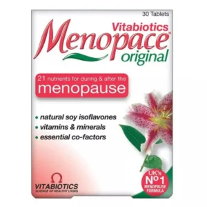One-a-day Menopace vitamin supplement containing 21 nutrients, soy isoflavones, vitamins, and minerals for nutritional support during and after menopause and to help maintain strong bones, endorsed by BUP.