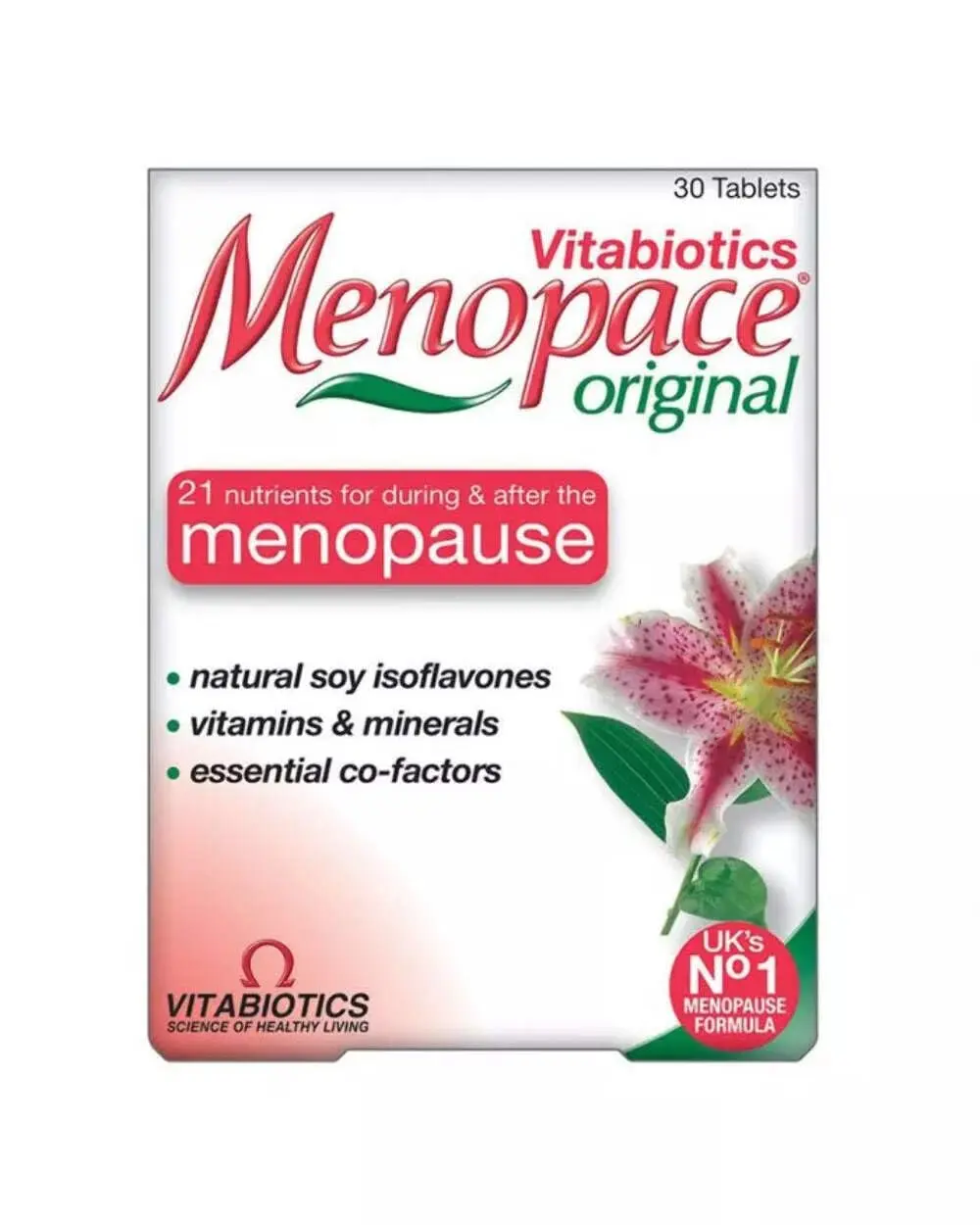 One-a-day Menopace vitamin supplement containing 21 nutrients, soy isoflavones, vitamins, and minerals for nutritional support during and after menopause and to help maintain strong bones, endorsed by BUP.