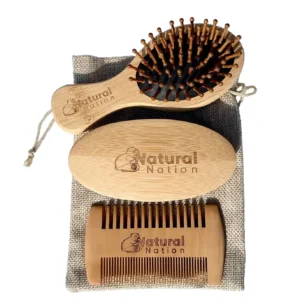 This men's beard grooming set includes a double sided beard comb, a medium hardness anti-static brush, and an air cushioned detangling brush, all packaged in a biodegradable hessian bag.