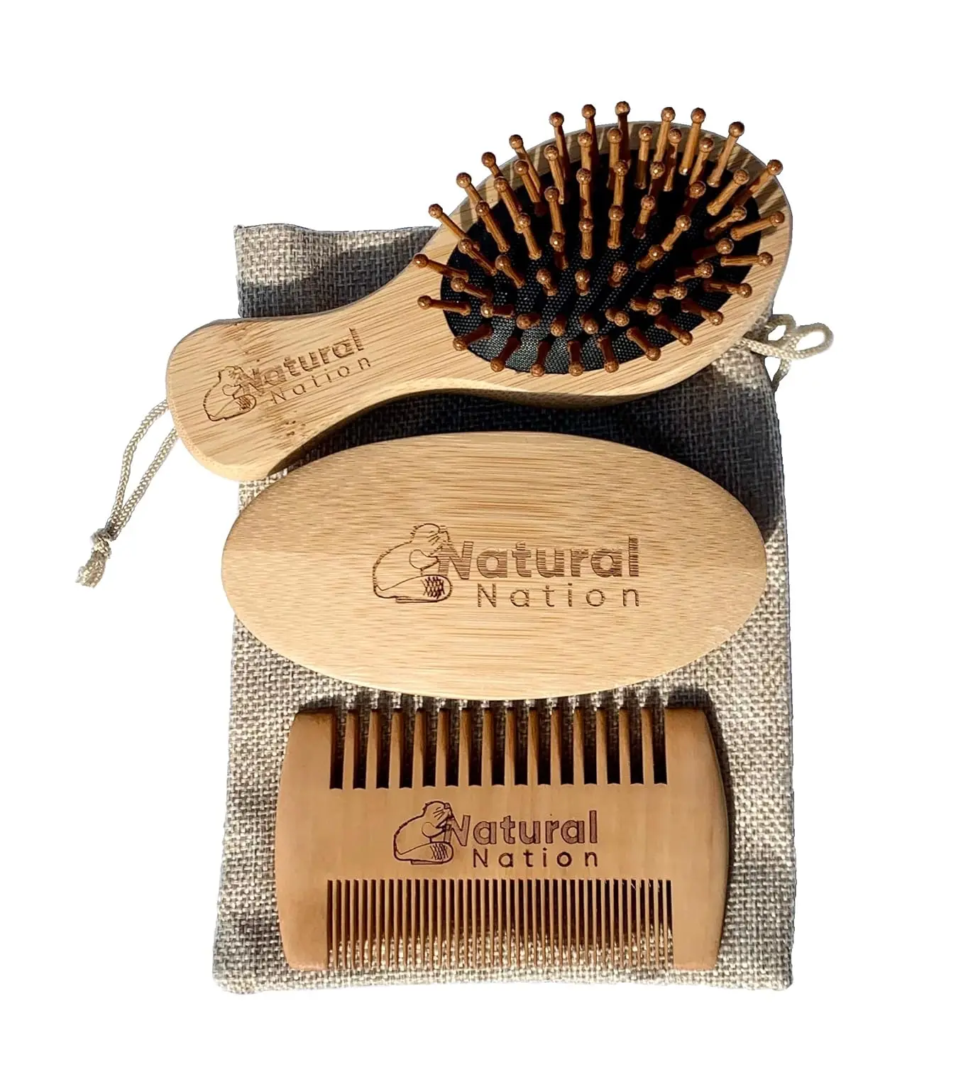 This men's beard grooming set includes a double sided beard comb, a medium hardness anti-static brush, and an air cushioned detangling brush, all packaged in a biodegradable hessian bag.