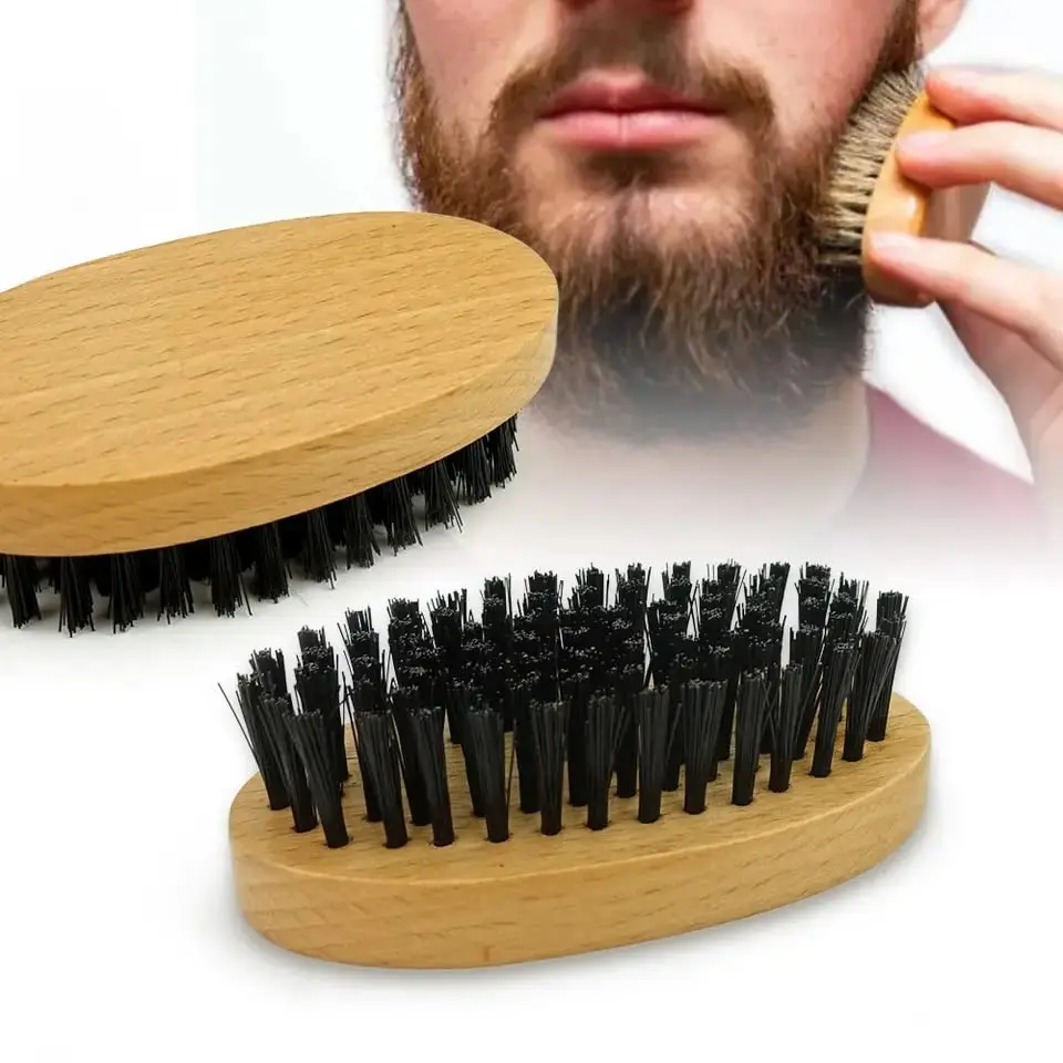 This men's beard grooming set includes a double sided beard comb, a medium hardness anti-static brush, and an air cushioned detangling brush, all packaged in a biodegradable hessian bag.