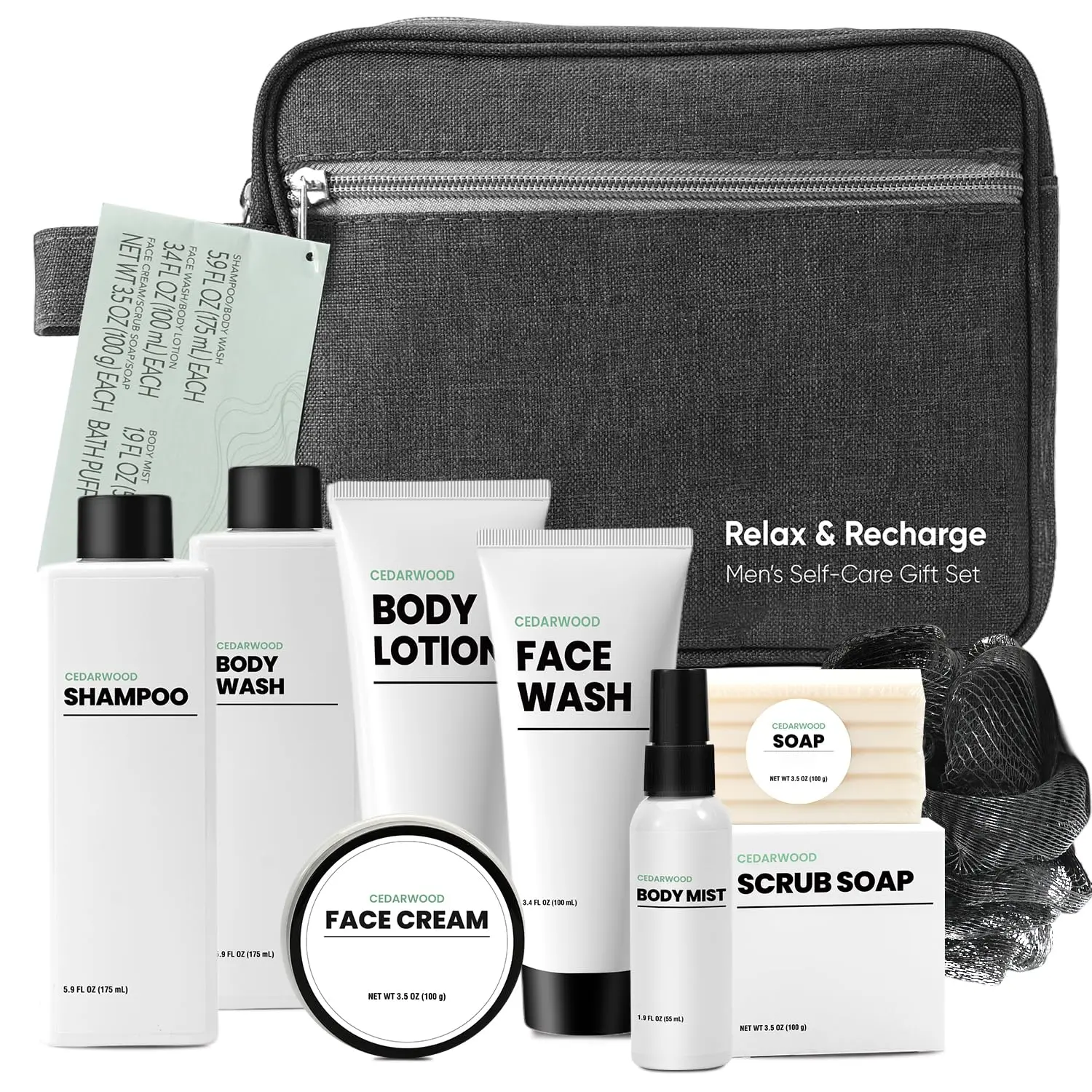 This ten-piece cedarwood bath set for men includes shampoo, body wash, face wash, lotion, and more for a complete self-care experience.