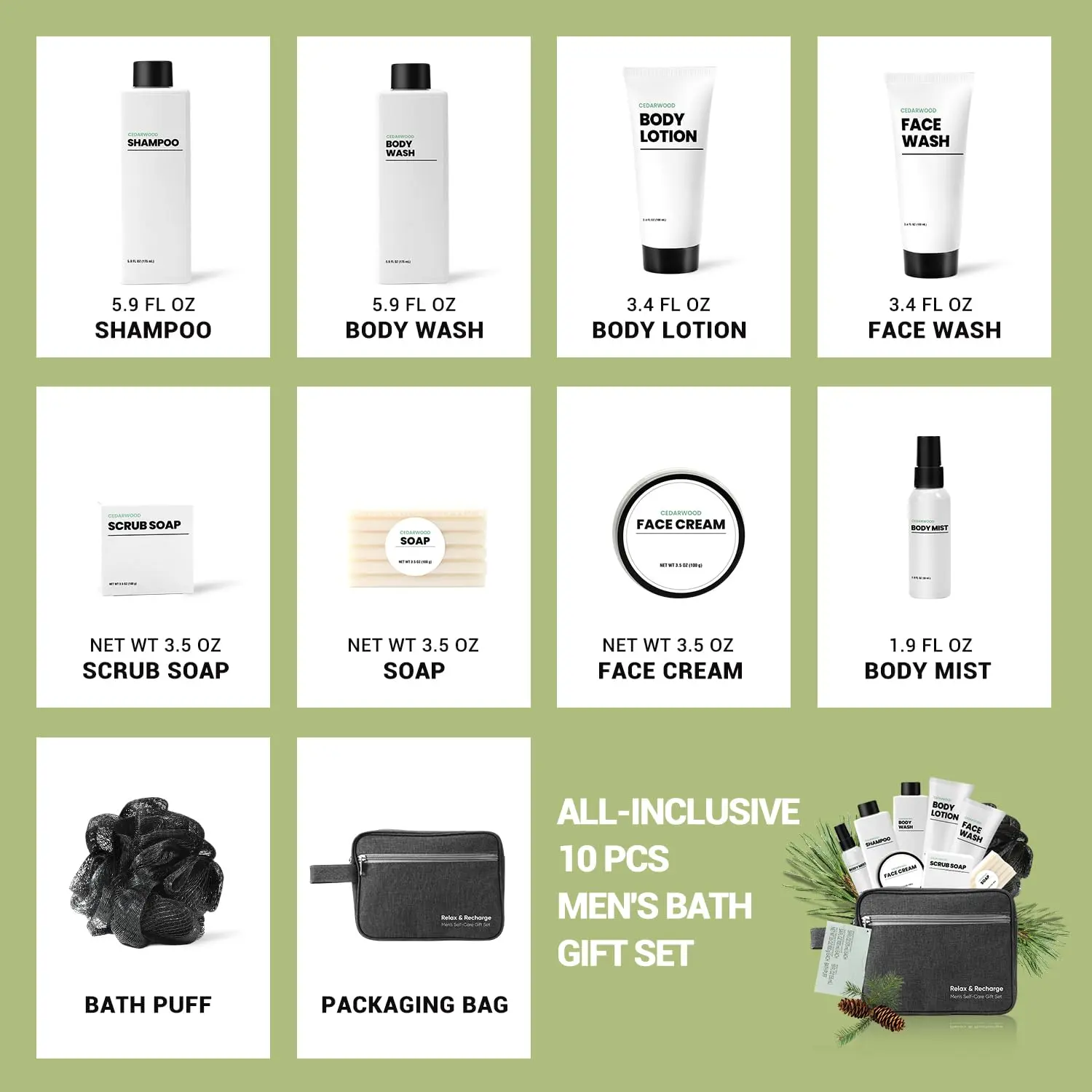 This ten-piece cedarwood bath set for men includes shampoo, body wash, face wash, lotion, and more for a complete self-care experience.