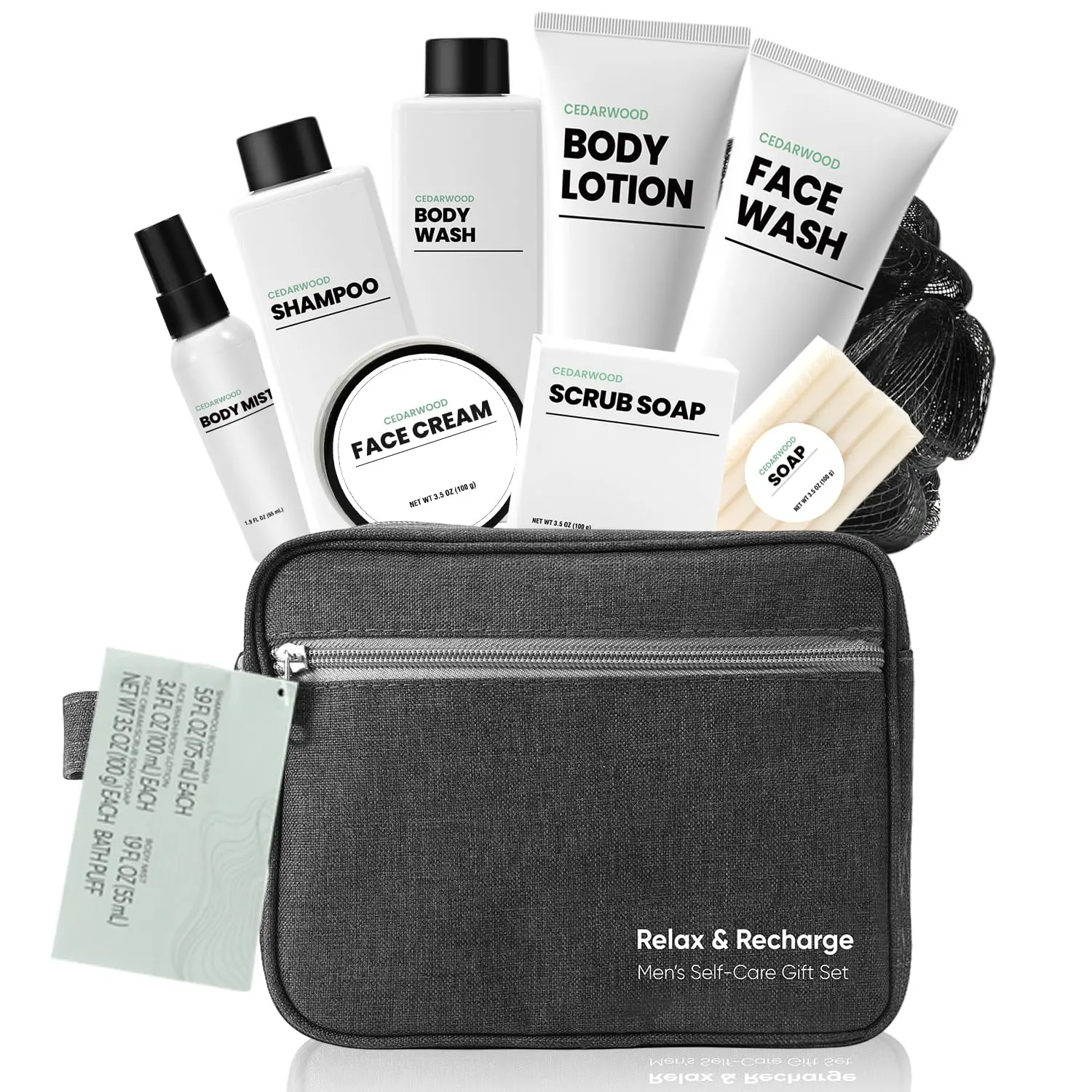 This ten-piece cedarwood bath set for men includes shampoo, body wash, face wash, lotion, and more for a complete self-care experience.