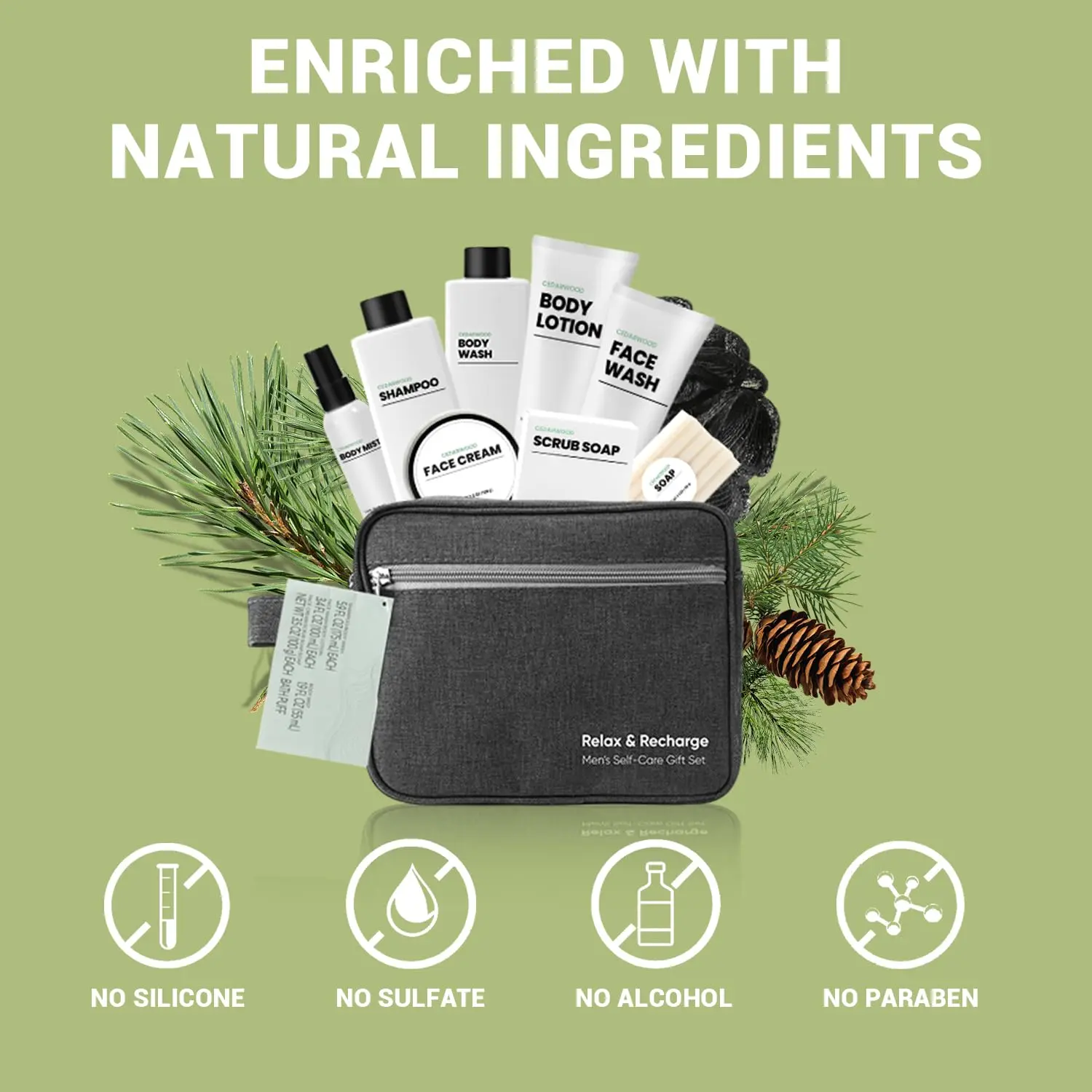 This ten-piece cedarwood bath set for men includes shampoo, body wash, face wash, lotion, and more for a complete self-care experience.