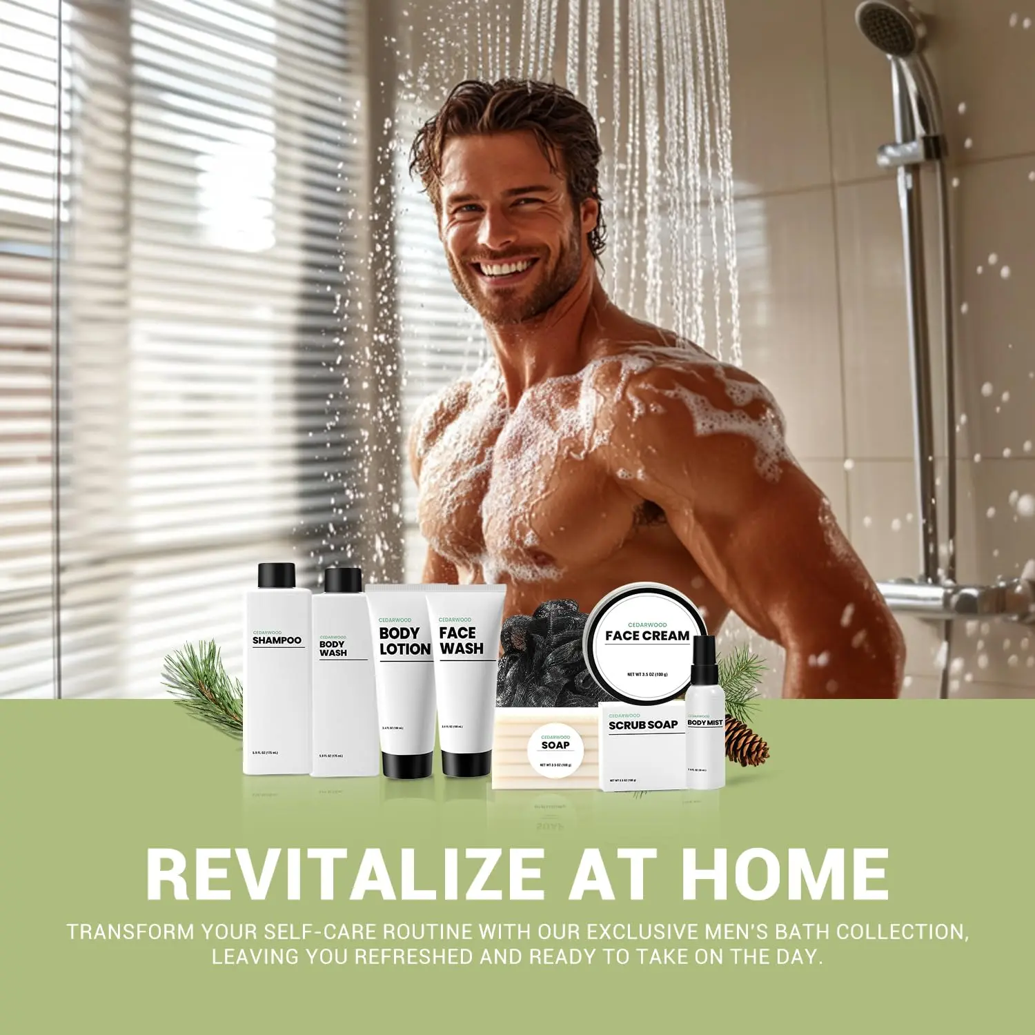 This ten-piece cedarwood bath set for men includes shampoo, body wash, face wash, lotion, and more for a complete self-care experience.