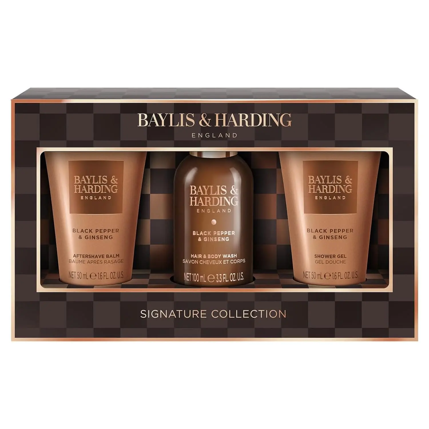Baylis & Harding men's grooming set with black pepper and ginseng scent, including body wash, shower gel, and shampoo in travel sizes.