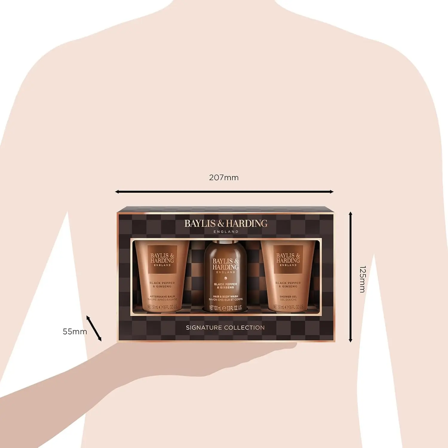 Baylis & Harding men's grooming set with black pepper and ginseng scent, including body wash, shower gel, and shampoo in travel sizes.