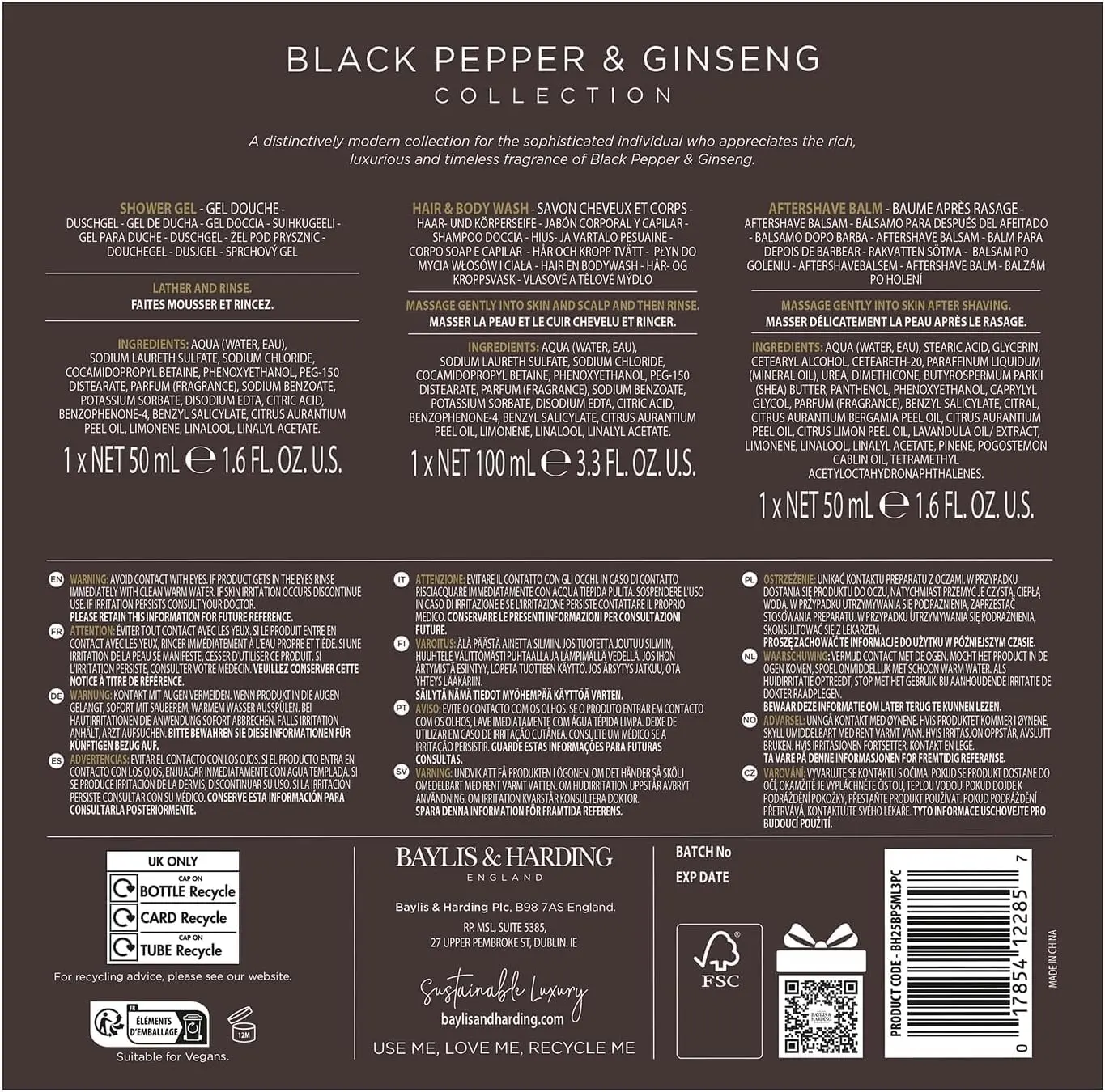 Baylis & Harding men's grooming set with black pepper and ginseng scent, including body wash, shower gel, and shampoo in travel sizes.