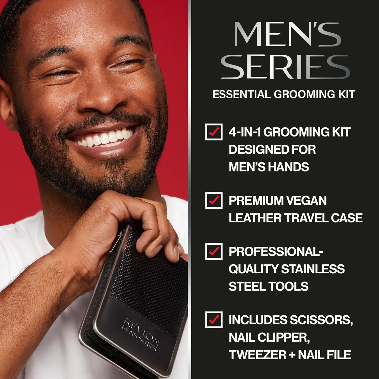 This men's grooming kit by Revlon includes stainless steel nail clippers, safety scissors, nail file, and tweezers for precise hair and nail care.