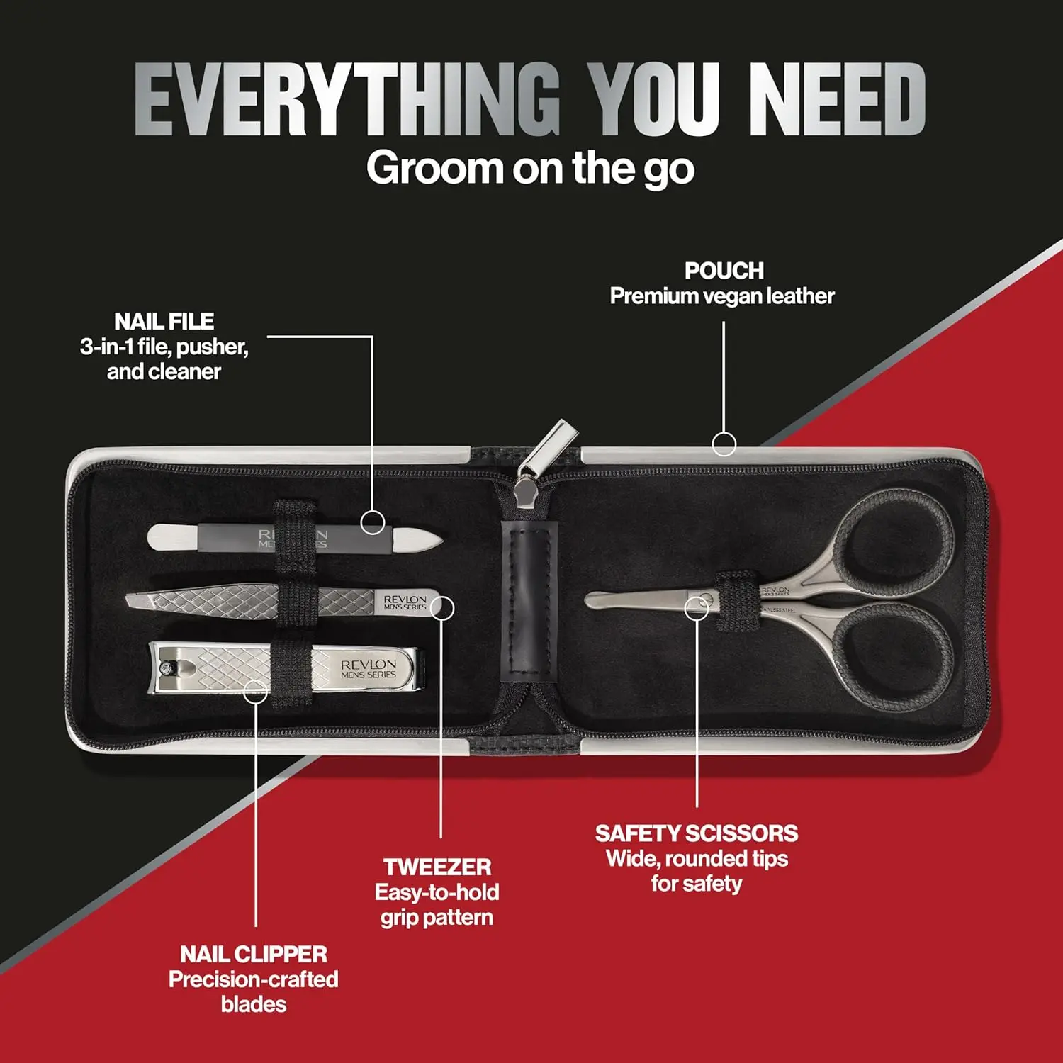 This men's grooming kit by Revlon includes stainless steel nail clippers, safety scissors, nail file, and tweezers for precise hair and nail care.