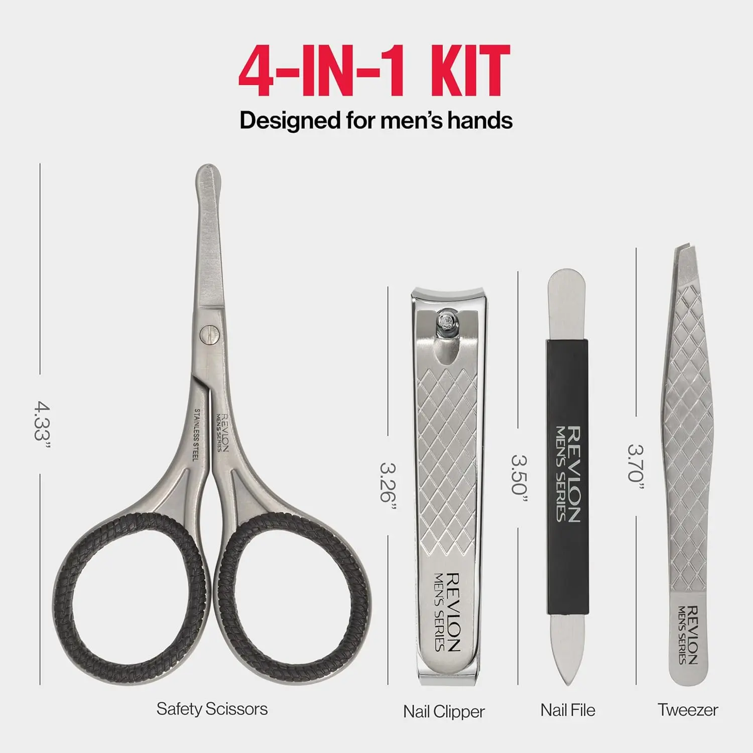 This men's grooming kit by Revlon includes stainless steel nail clippers, safety scissors, nail file, and tweezers for precise hair and nail care.