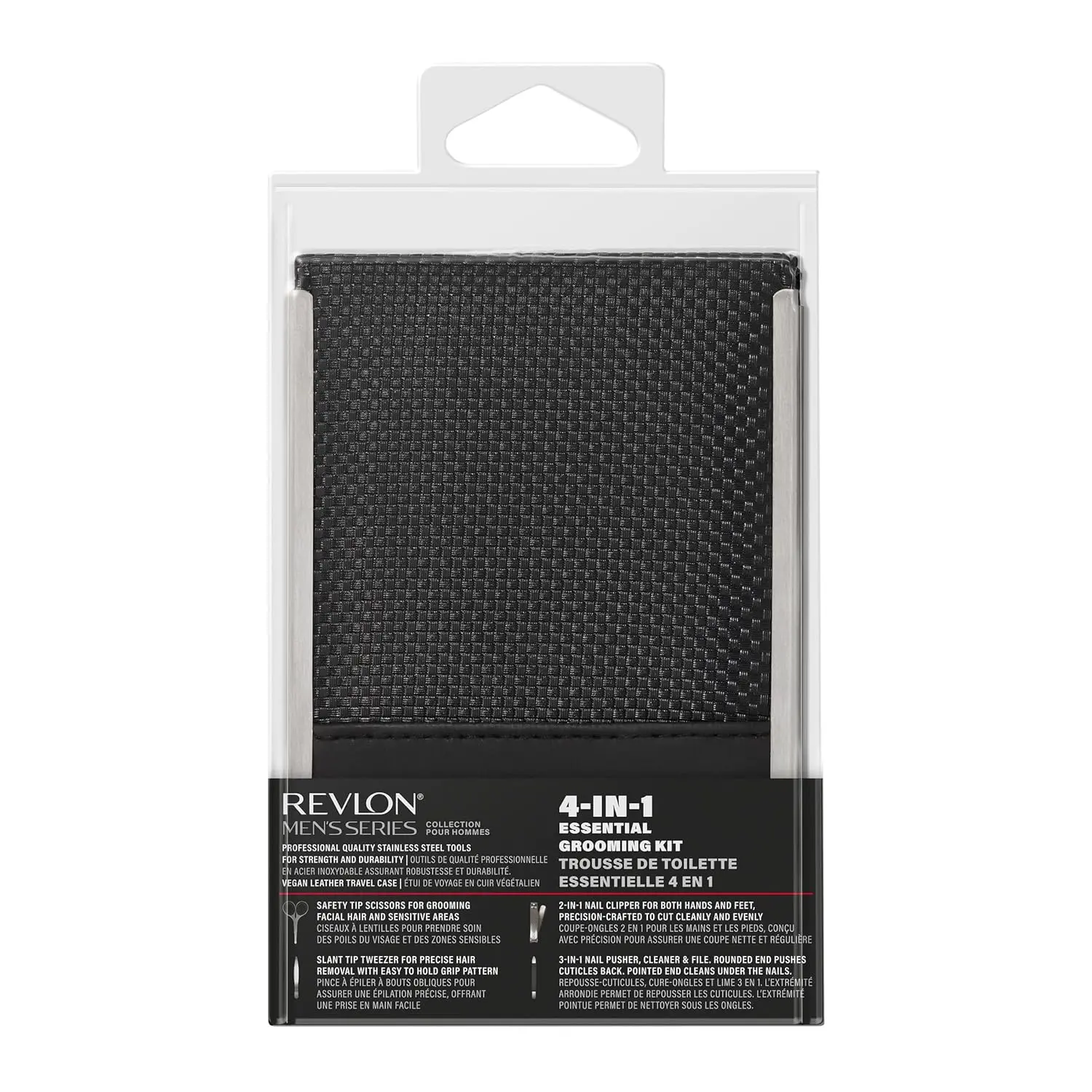 This men's grooming kit by Revlon includes stainless steel nail clippers, safety scissors, nail file, and tweezers for precise hair and nail care.
