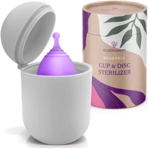 A white silicone menstrual cup case and sterilizer provides discreet storage and cleaning for period cups or discs, offering a sustainable and portable solution.