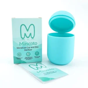 This portable menstrual cup sterilizer is a reusable silicone container for cleaning and storing menstrual cups and discs, featuring a leak-proof design and microwave-safe material.