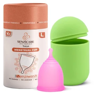 This image shows a green menstrual cup sterilizer case with a large reusable menstrual cup, perfect for portable cleaning and microwave steaming.