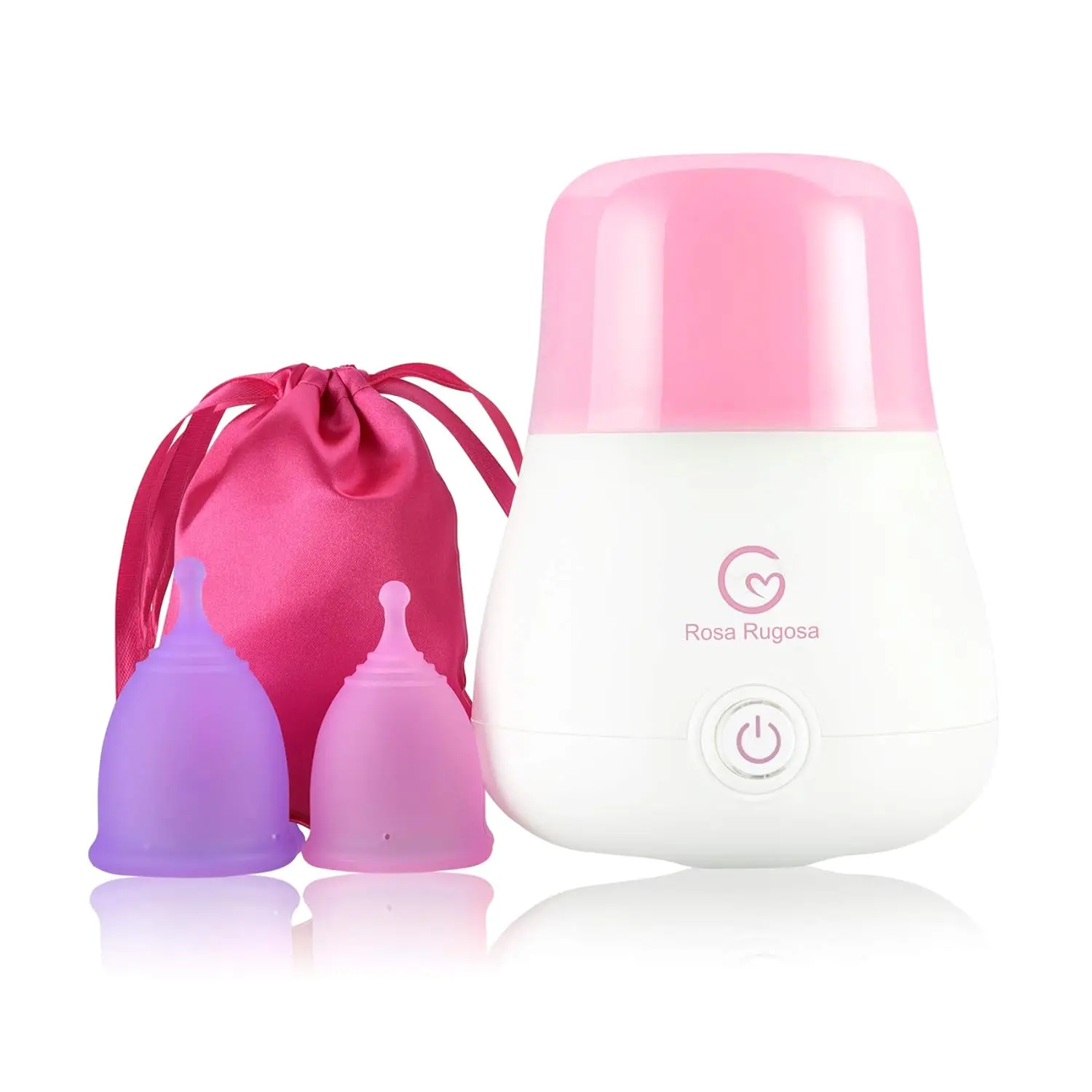 This menstrual cup kit includes a Rosa Rugosa soft, reusable period cup and an automatic sterilizer for easy and effective cleaning.