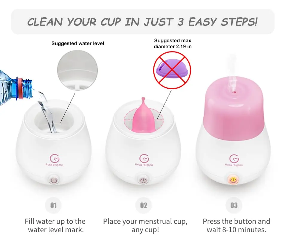 This menstrual cup kit includes a Rosa Rugosa soft, reusable period cup and an automatic sterilizer for easy and effective cleaning.