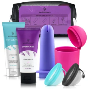 This complete menstrual disc kit includes small and large reusable period discs, a silicone sterilizer holder, cleansing wash, water-based lube, and an easy-insert cup applicator for a comfortable and sustainable period experience.