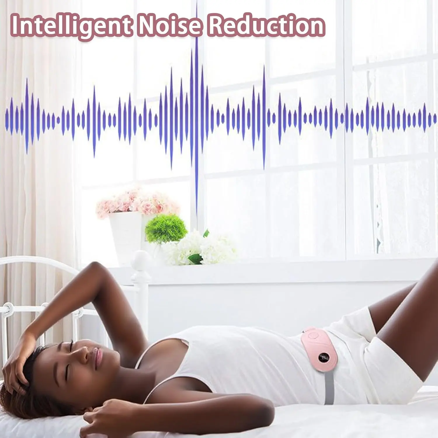 Cordless menstrual heating pad with three heat levels, designed for comfortable period cramp relief and featuring adjustable waist band for abdomen, stomach, and back support.