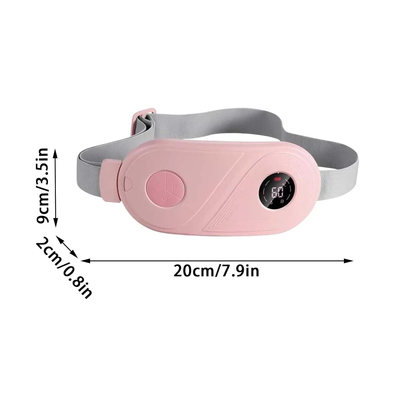 Cordless menstrual heating pad with three heat levels, designed for comfortable period cramp relief and featuring adjustable waist band for abdomen, stomach, and back support.