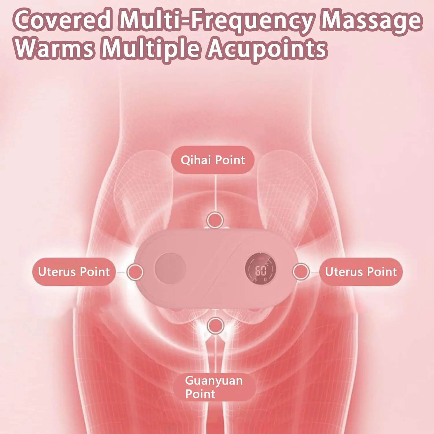 Cordless menstrual heating pad with three heat levels, designed for comfortable period cramp relief and featuring adjustable waist band for abdomen, stomach, and back support.