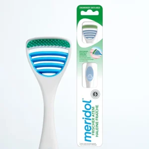 The Meridol Safe Breath Tongue Cleaner, extra flat with knobs and blade, effectively cleans the tongue and removes bacteria for fresher breath.