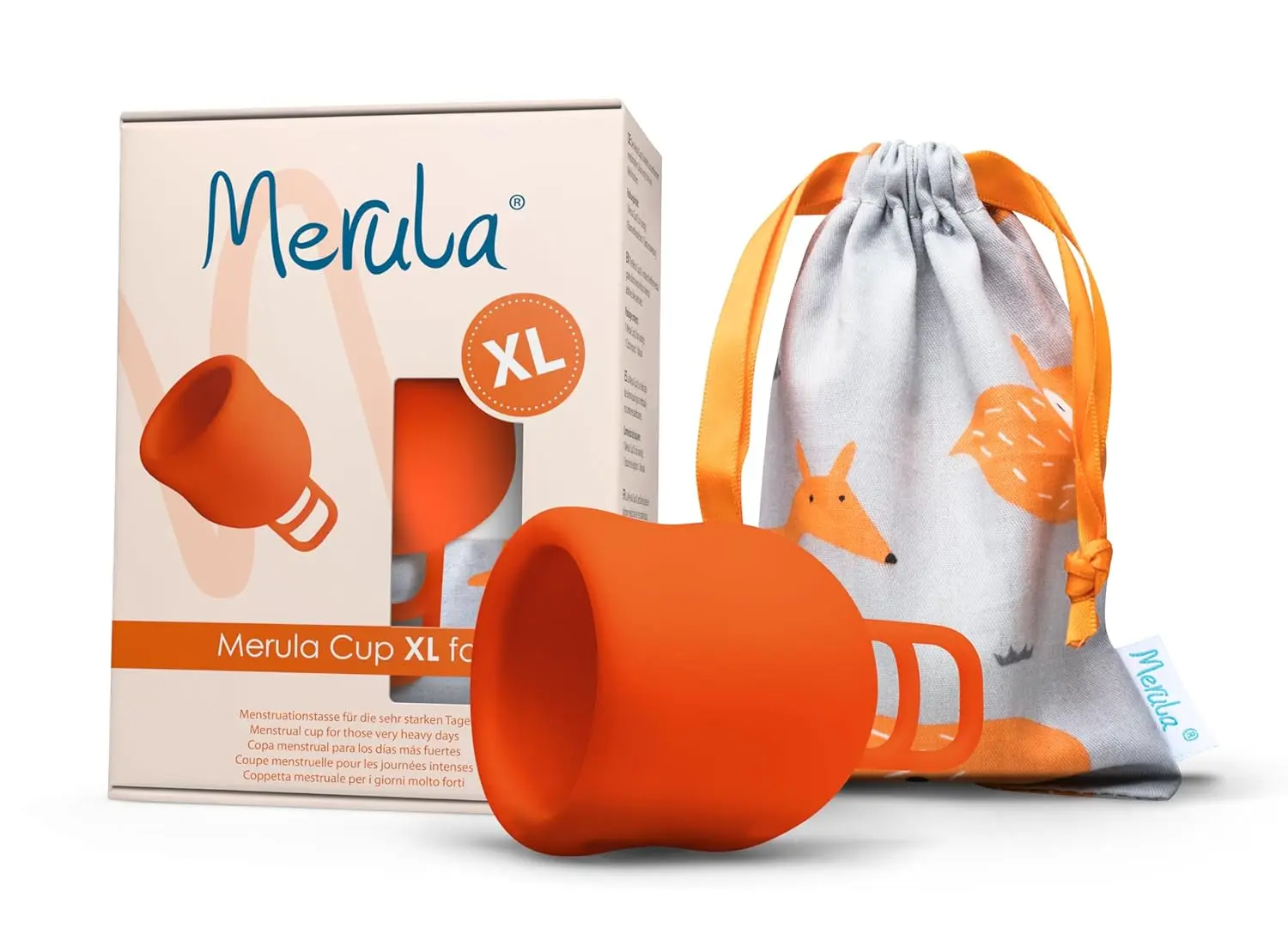 Orange Merula Cup XL menstrual cup for heavy flow, made in Germany from medical-grade silicone, a reusable and eco-friendly alternative to tampons and pads.