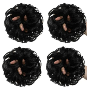 Four-piece black messy bun hair extension set adds instant volume and effortless style to your hair, creating a chic updo in seconds using high-quality synthetic fibers.