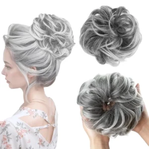 A silver grey messy bun hair piece adds instant volume and creates a stylish updo or ponytail extension, blending seamlessly for any occasion.