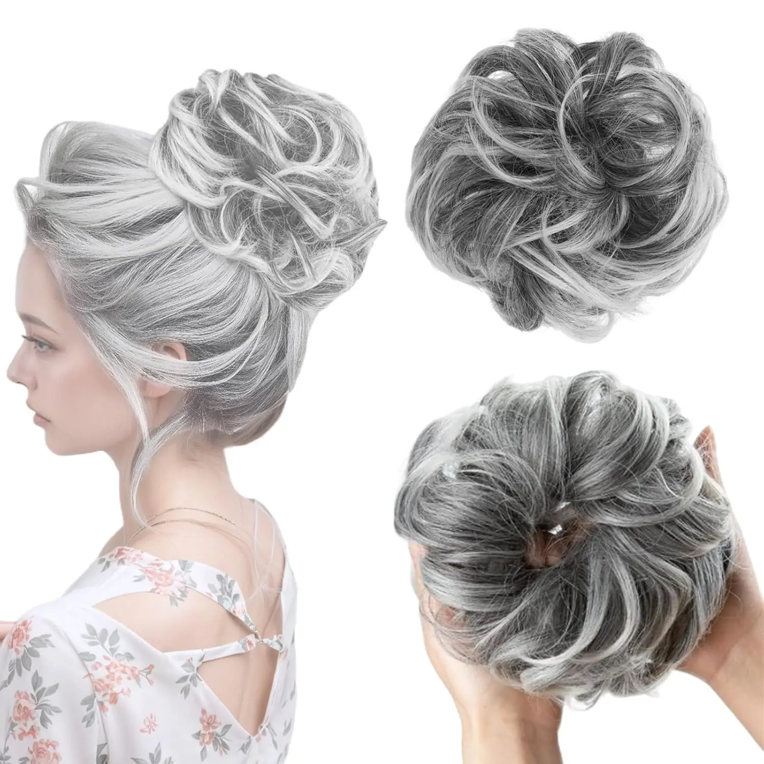 A silver grey messy bun hair piece adds instant volume and creates a stylish updo or ponytail extension, blending seamlessly for any occasion.