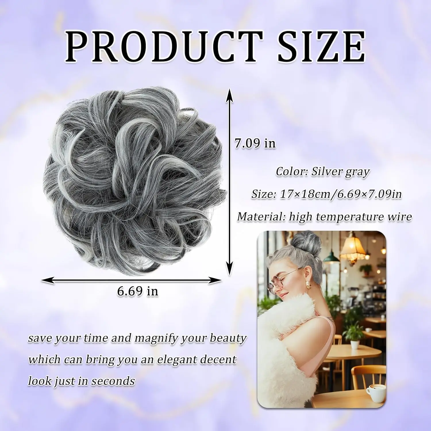 A silver grey messy bun hair piece adds instant volume and creates a stylish updo or ponytail extension, blending seamlessly for any occasion.