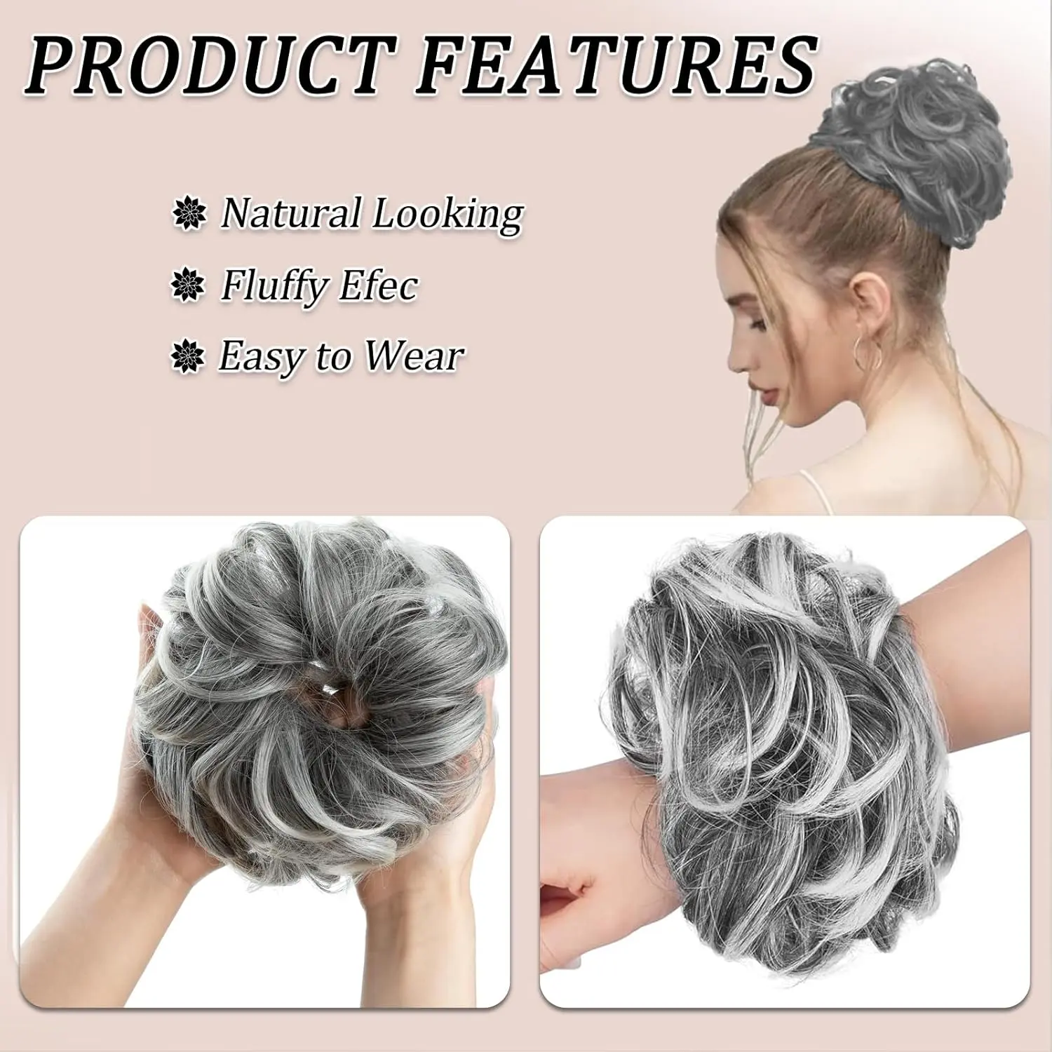 A silver grey messy bun hair piece adds instant volume and creates a stylish updo or ponytail extension, blending seamlessly for any occasion.