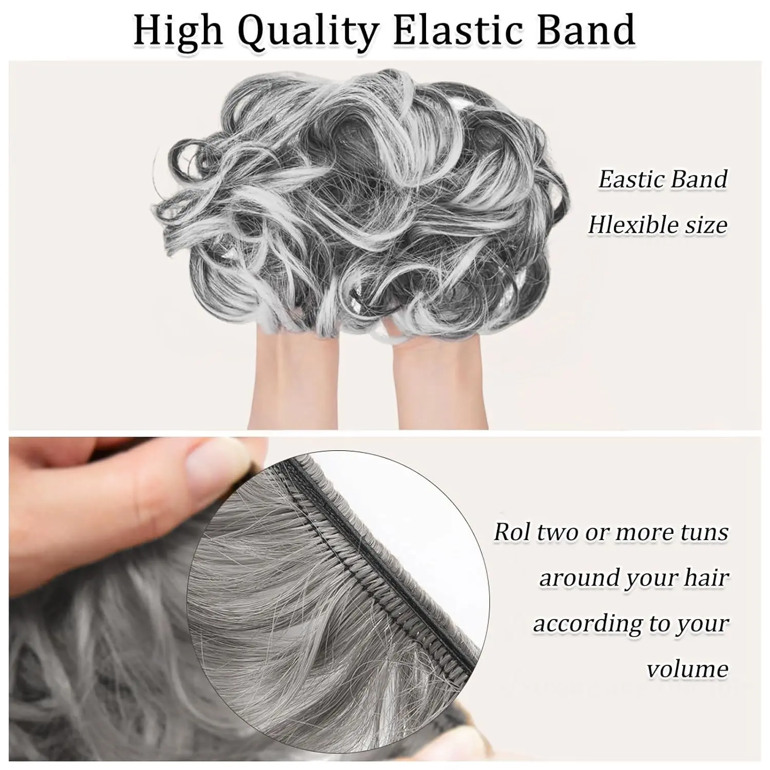 A silver grey messy bun hair piece adds instant volume and creates a stylish updo or ponytail extension, blending seamlessly for any occasion.