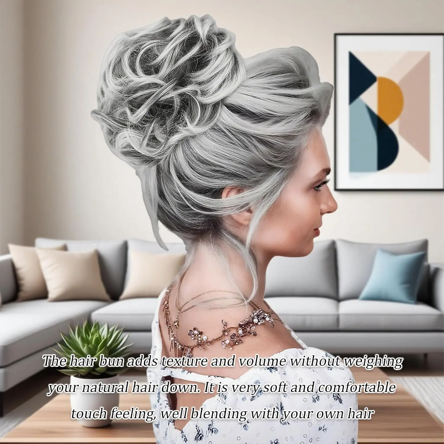 A silver grey messy bun hair piece adds instant volume and creates a stylish updo or ponytail extension, blending seamlessly for any occasion.