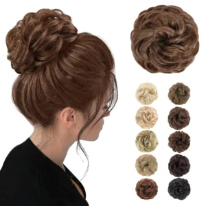 A light golden brown messy bun hairpiece scrunchie is perfect for adding volume to a bun or ponytail, offering an easy and elegant updo.